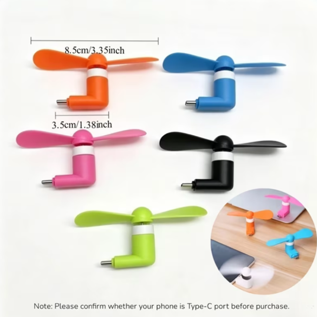 USB C mini power bank fan with fold-out blades, in orange, blue, pink, black, green