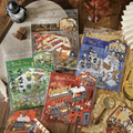 Kawaii miniature sticker sheets with castle, wizard, and factory designs
