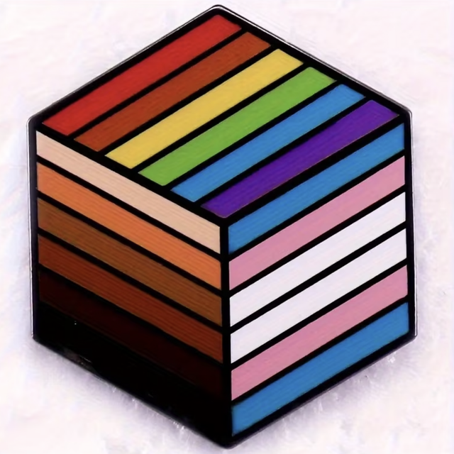 Rainbow striped cube enamel pin with multicolor horizontal bands