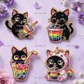 Cute enamel cat pin badges set, black cat designs with colorful rainbow drinks and accessories