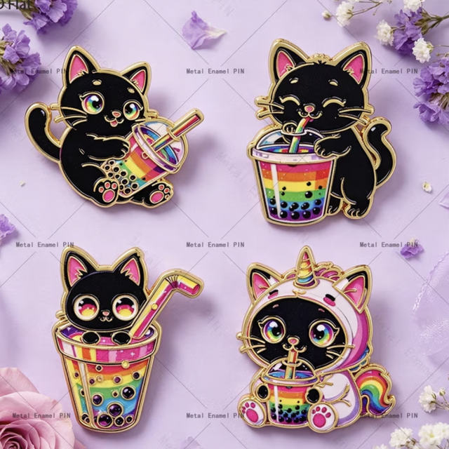 Cute enamel cat pin badges set, black cat designs with colorful rainbow drinks and accessories