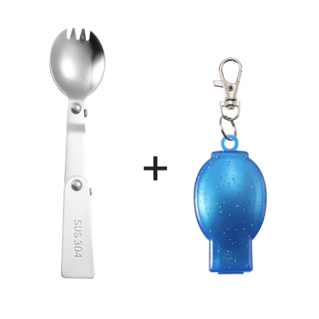Folding stainless spork with spoon and fork tips, includes blue keychain storage case