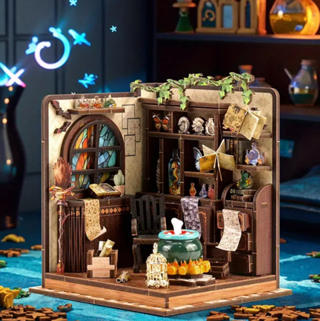 DIY miniature potion workshop scene kit with open wooden frame and tiny props