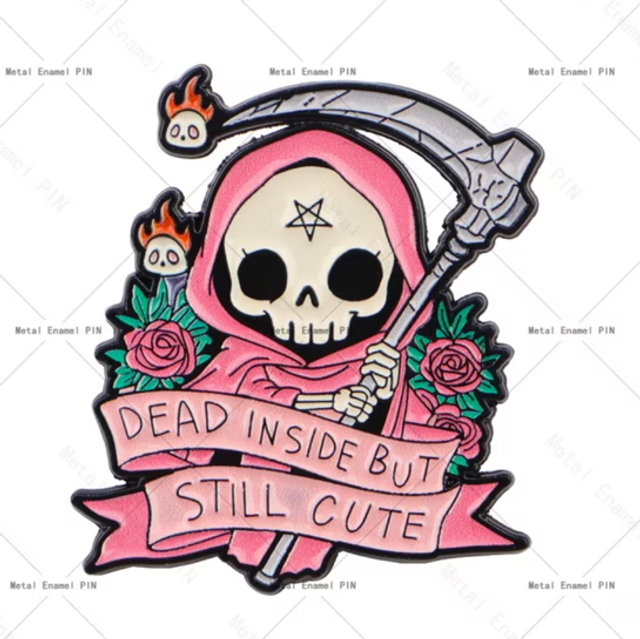 Pink skull hoodie enamel pin with roses and banner reading 'DEAD INSIDE BUT STILL CUTE'