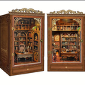 Miniature wooden bookshelf insert with open doors and detailed miniature book display