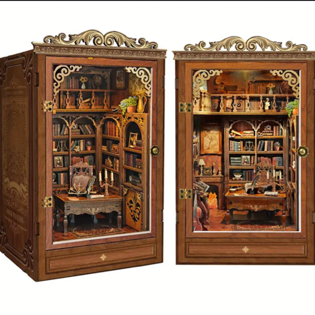 Miniature wooden bookshelf insert with open doors and detailed miniature book display