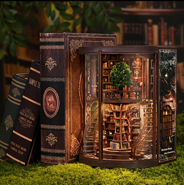 Miniature bookshelf insert with curved frame and small printed books, DIY kit