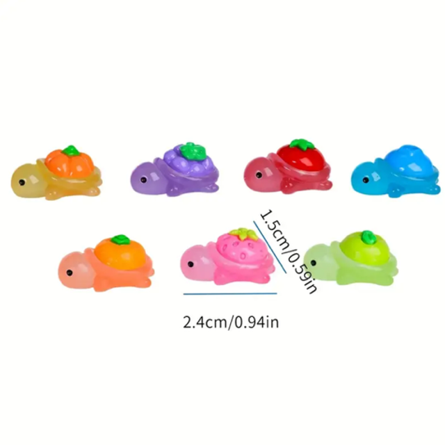 Set of six mini turtle-and-fruit charms in pastel orange, purple, red, blue, pink, green