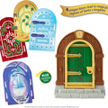 Fairy door playset, arched brown door with green window and toy garden decals