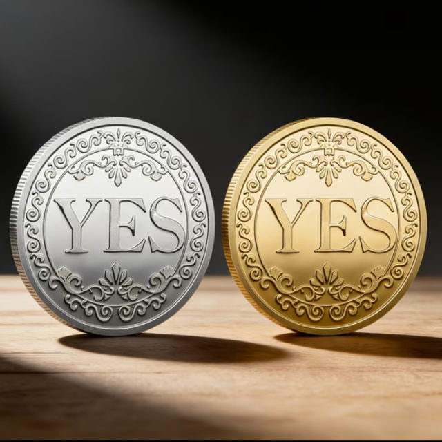 Big flip coin with YES on silver side and gold YES on other