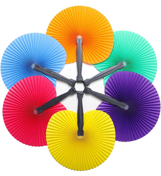 Multi-color handheld foldable pleated fan set with central hub and folded handles
