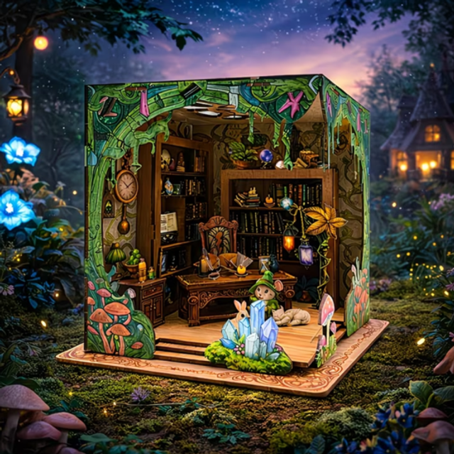 Miniature fantasy bookshop bookshelf insert diorama with tiny wooden shelves and books
