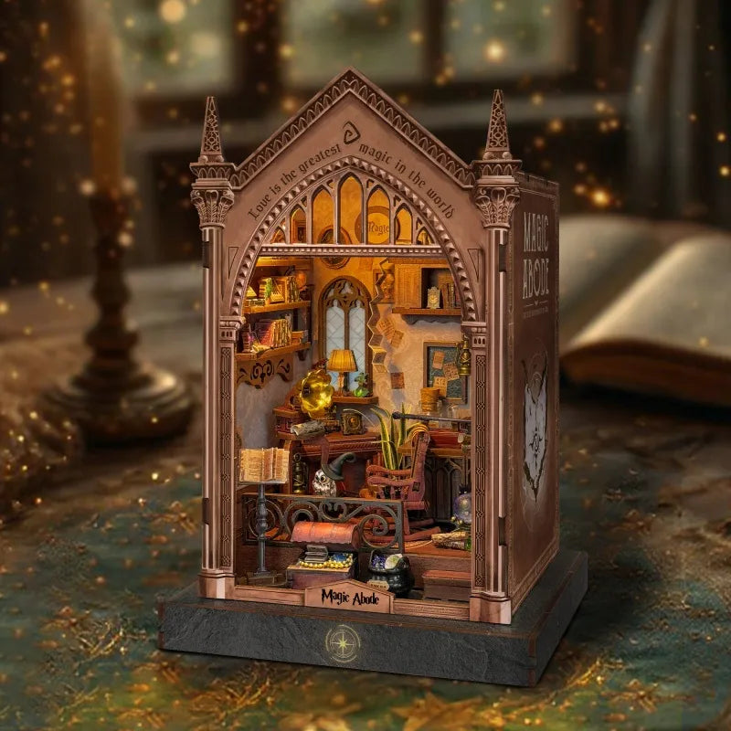 Freestanding arched book nook insert with detailed shelves and tiny interior desk