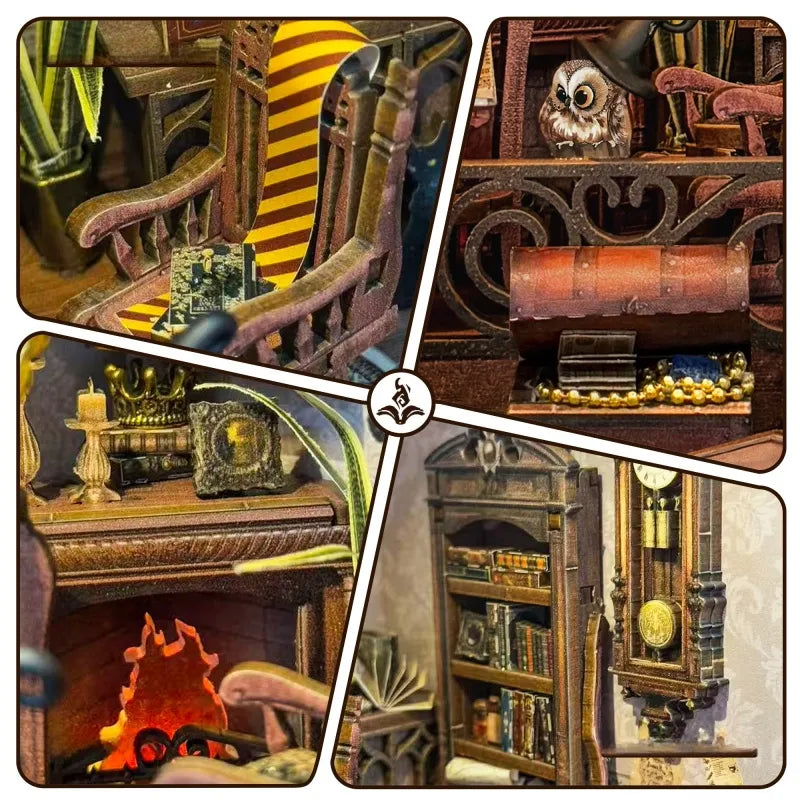 Miniature wooden book nook bookshelf insert kit, arched facade with tiny shelves