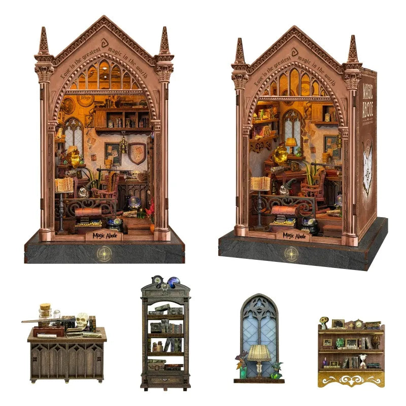 Miniature book nook insert kit with arched front, multiple parts and shelves