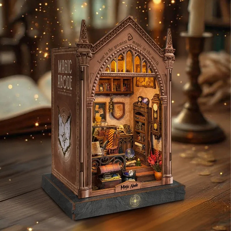Arched wooden book nook insert with miniature furniture and bookshelves