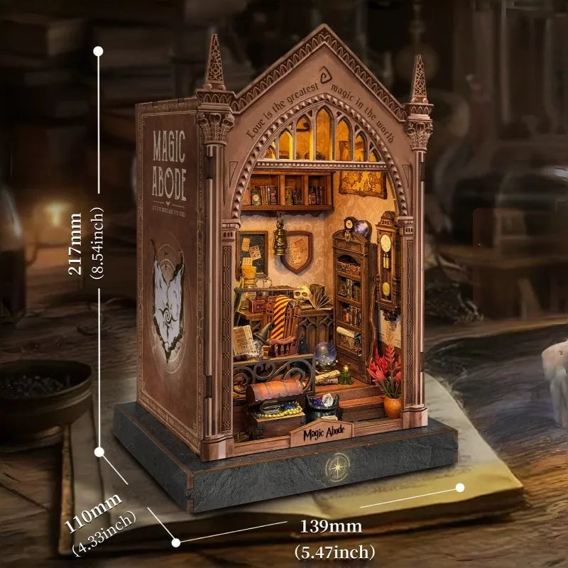 Book nook insert kit with size guide, arched wooden miniature bookshelf house