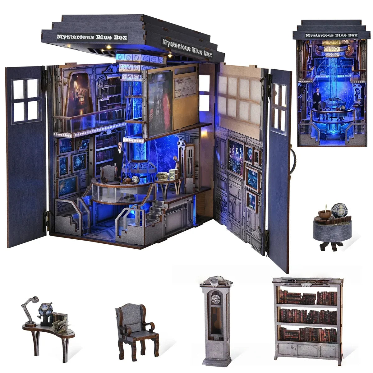 DIY miniature blue box kit open view with shelves, small furniture, and extra stand items