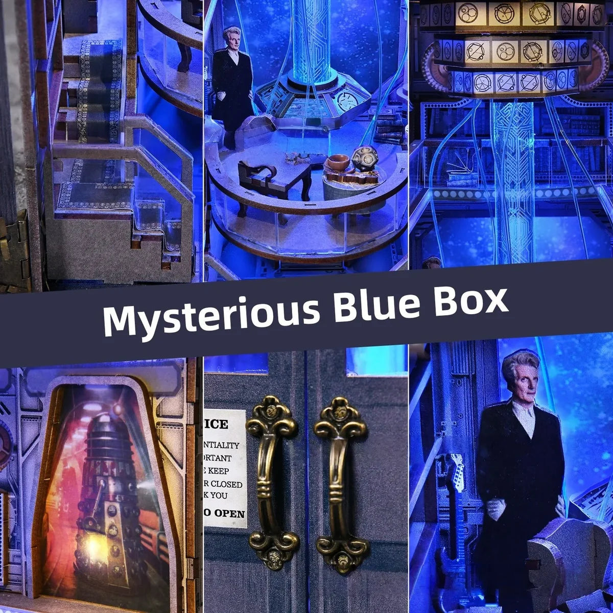 Miniature blue box insert with interior shelves and clock details, DIY miniature kit