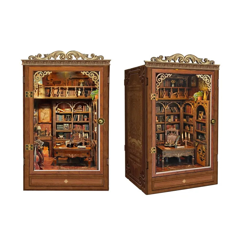 Miniature wooden bookshelf cabinet insert, open bookcase scene, front and side views