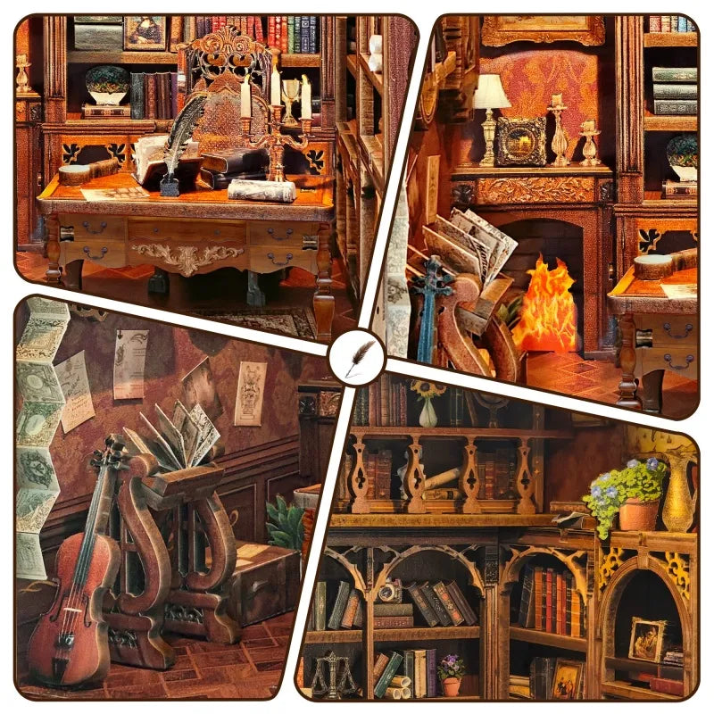 Miniature dollhouse bookshelf insert kit with carved wooden cabinet and tiny books