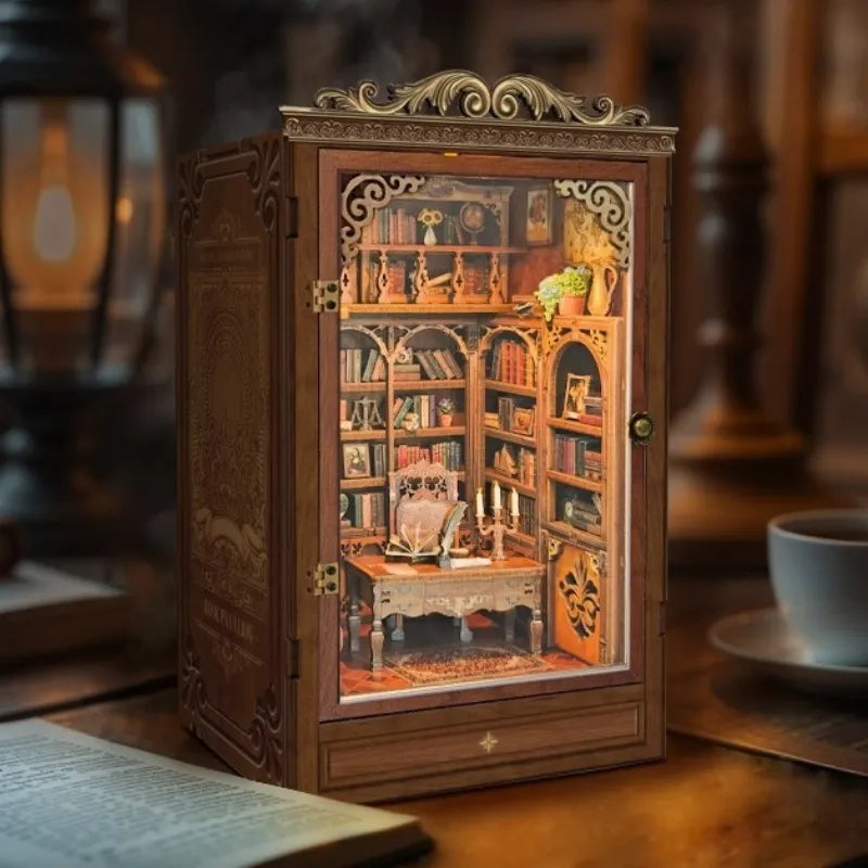 Miniature wooden bookshelf cabinet insert with detailed tiny books and ornaments