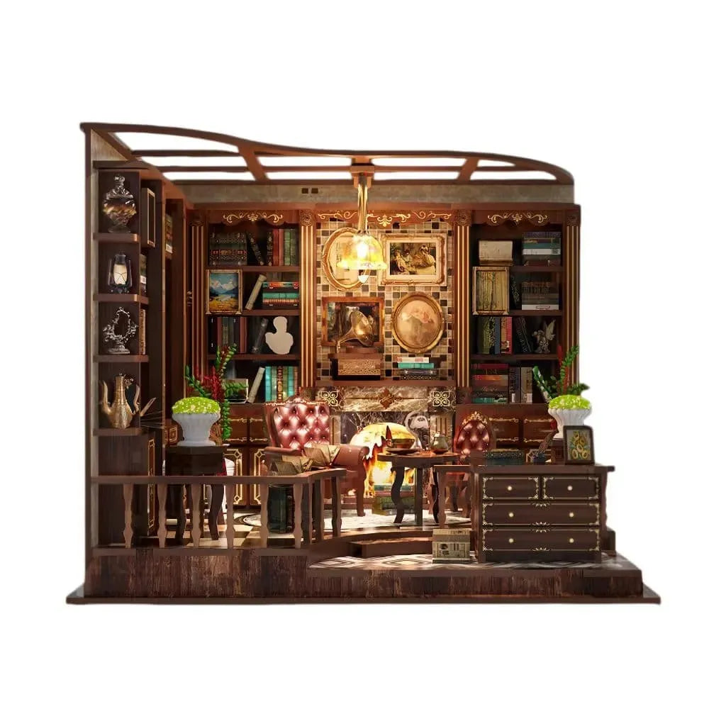 Miniature bookshelf insert with open room, bookcase sides, and warm LED lighting