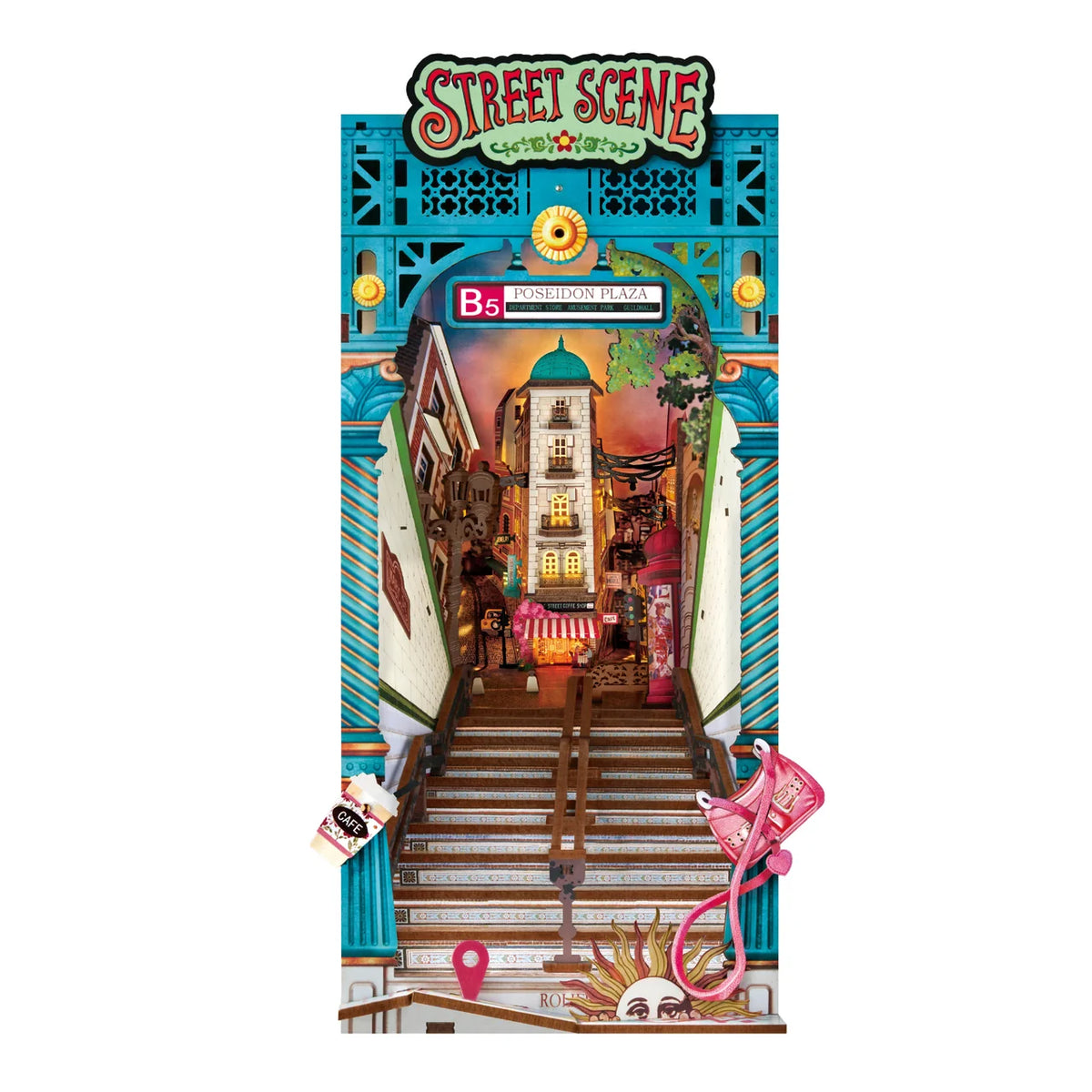 Miniature book nook kit with illustrated street scene storefront packaging